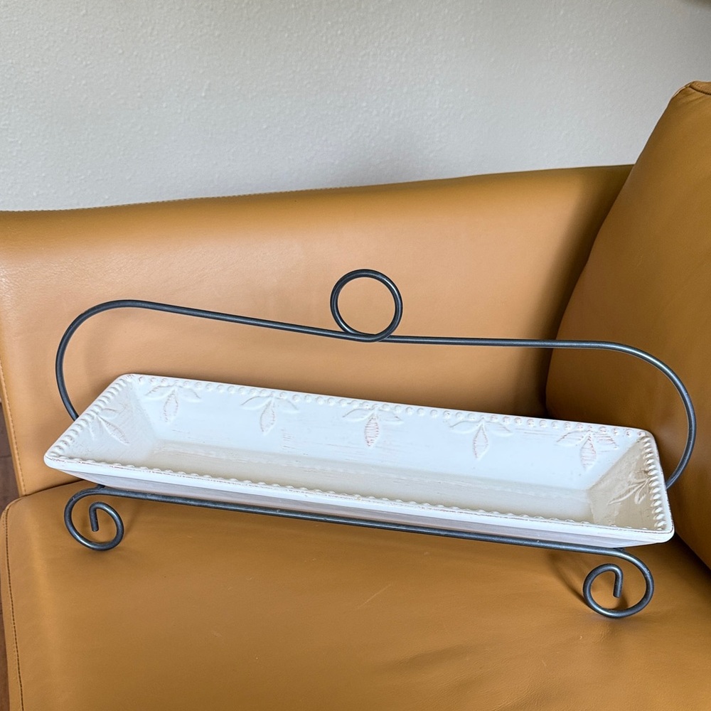 Sorrento White Ceramic Rectangular Serving Tray with Black Metal Stand